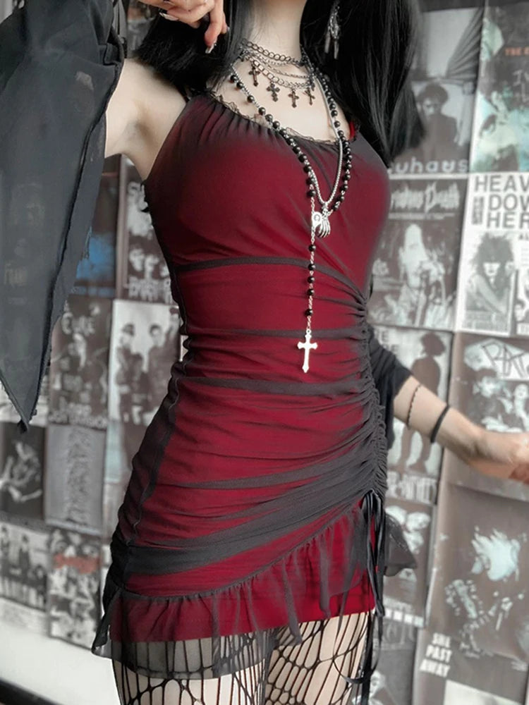 AltGoth Nightclub Sexy Red Dress Women Dark Gothic Streetwear Spaghetti Strap High Waist Irregular Hem Dress Y2k E-girl Outfits