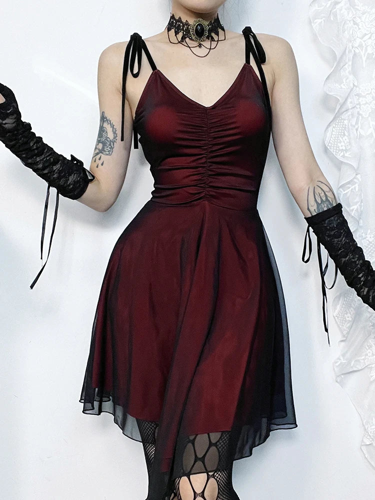 AltGoth Nightclub Sexy Red Dress Women Dark Gothic Streetwear Spaghetti Strap High Waist Irregular Hem Dress Y2k E-girl Outfits