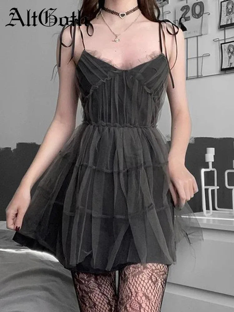 AltGoth Nightclub Sexy Red Dress Women Dark Gothic Streetwear Spaghetti Strap High Waist Irregular Hem Dress Y2k E-girl Outfits