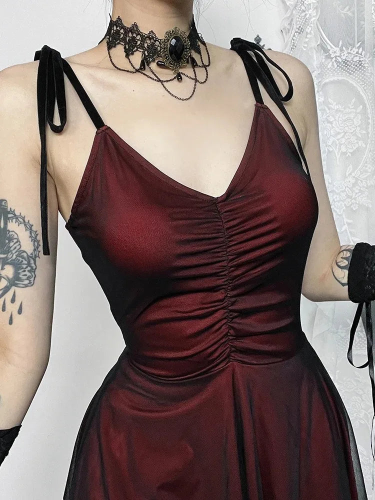AltGoth Nightclub Sexy Red Dress Women Dark Gothic Streetwear Spaghetti Strap High Waist Irregular Hem Dress Y2k E-girl Outfits